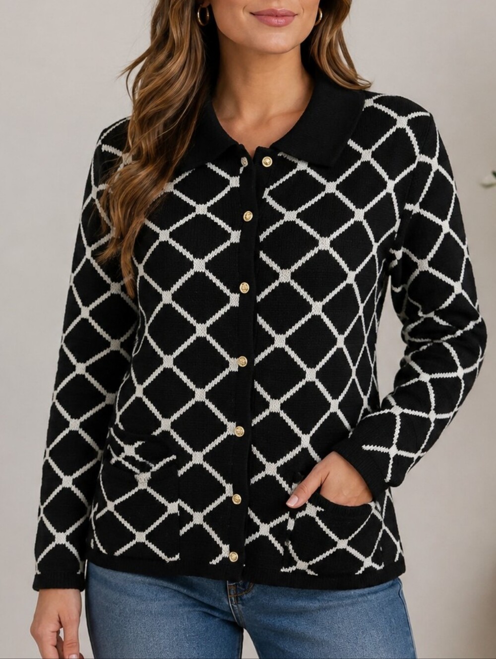 Vintage Crystal-Kobe Cardigan Sweater Womens S Black White Geometric Gold Button